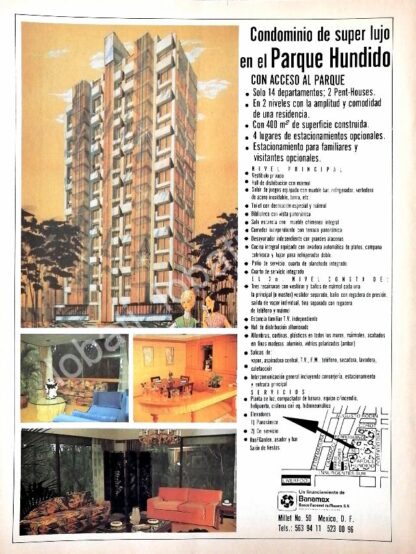 CARTEL ANTIGUO ORIGINAL DE INICIOS DEL CONDOMINIO PARQUE HUNDIDO ( MILLET 50 ) 1970s /580 RARO