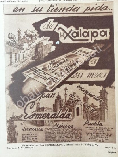 CARTEL ANTIGUO ORIGINAL DE PAN ESMERALDA DE XALAPA 1950 /571 SUPER RARO 10+++