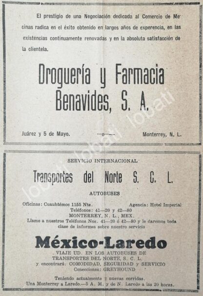 CARTEL ANTIGUO ORIGINAL DE FARMACIAS BENAVIDES 1943 Y TRANSPORTES DEL NORTE /569 MONTERREY