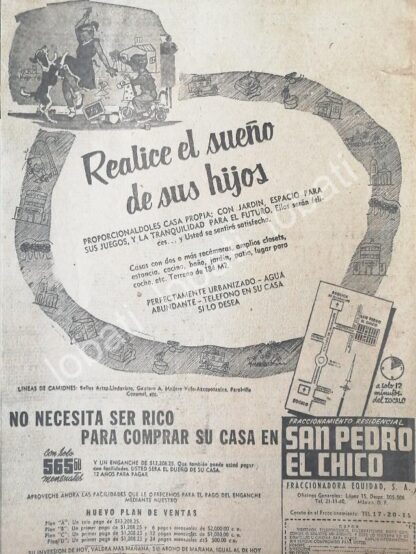 CARTEL ANTIGUO ORIGINAL DE INICIOS DE LA COLONIA SAN PEDRO EL CHICO D.F 1956 /590 MUY RARO