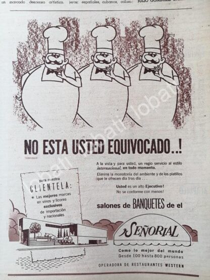 CARTEL ANTIGUO ORIGINAL DE BANQUETES SEÑORIAL 1970, RESTAURANTES WESTERN S.A /541