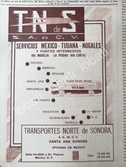 CARTEL ANTIGUO ORIGINAL DE TRANSPORTES NORTE DE SONORA S.A 1960s / 532