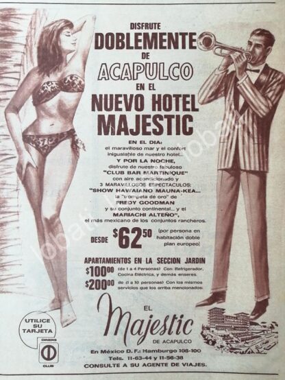 CARTEL ANTIGUO ORIGINAL DE HOTEL MAJESTIC DE ACAPULCO 1950s / 530