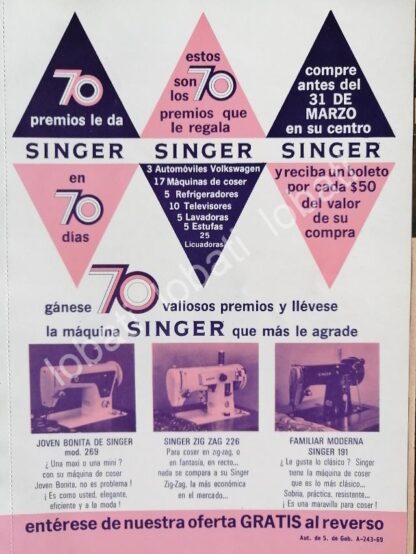 CARTEL ANTIGUO ORIGINAL DE MINI CARTEL. MAQUINAS DE COSER SINGER 1970 /239