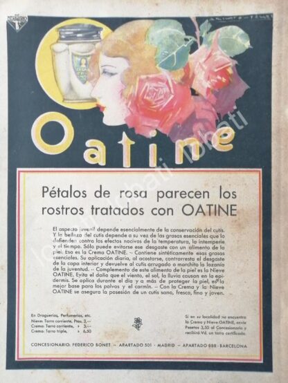 CARTEL ANTIGUO ORIGINAL DE CARTEL ART NOUVEAU CREMA OATINE PARA DAMA 1930s /No53