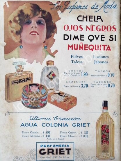 CARTEL ANTIGUO ORIGINAL DE PERFUME CHELA, OJOS NEGROS Y MUÑEQUITA 1930 /39