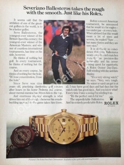 CARTEL ANTIGUO ORIGINAL DE EL GOLFISTA SEVERIANO BALLESTEROS Y RELOJES ROLEX 1980s / 89 FEP