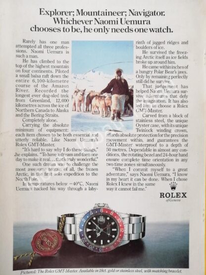 CARTEL ANTIGUO ORIGINAL DE NAOMI UEMURA Y RELOJES ROLEX OYSTER PERPETUAL 1980s / 79/ FEP