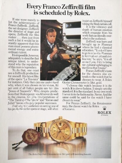 CARTEL ANTIGUO ORIGINAL DE FRANCO ZEFIRELLI Y RELOJES ROLEX OYSTER PERPETUAL 1980s / 78/ FEP