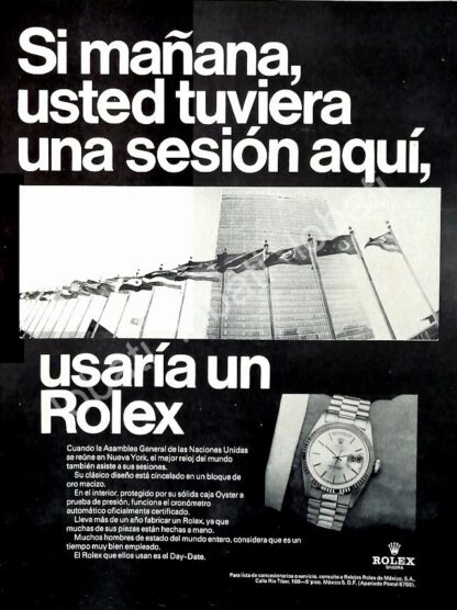 CARTEL ANTIGUO ORIGINAL DE RELOJES ROLEX DAY-DATE Y LA O.N.U 1960s / 75