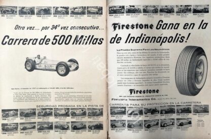 CARTEL ANTIGUO ORIGINAL DE SAM HANKS & FIRESTONE. GANA LAS 500 MILLAS DE INDIANAPOLIS 1957 /N96