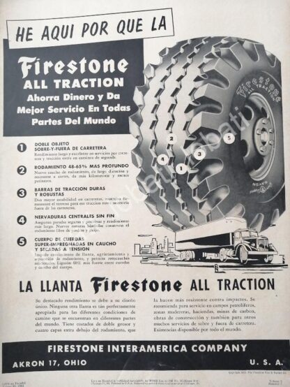 CARTEL ANTIGUO ORIGINAL DE LLANTAS FIRESTONE ALL TRACTION 1953 /N99