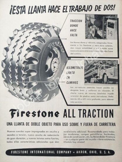 CARTEL ANTIGUO ORIGINAL DE LLANTAS FIRESTONE ALL TRACTION 1950s /N93