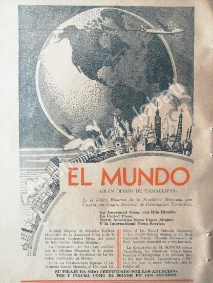 CARTEL ANTIGUO ORIGINAL DE AFICHE DEL DIARIO EL MUNDO 1950 TAMAULIPAS /68