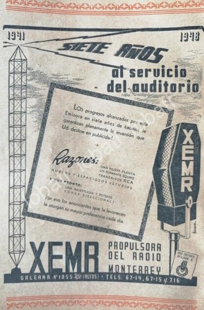 CARTEL ANTIGUO ORIGINAL DE RADIO DIFUSORA XEMR 1948 MONTERREY /67