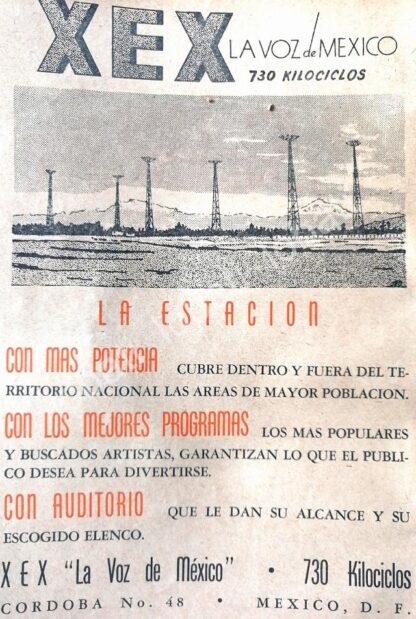 CARTEL ANTIGUO ORIGINAL DE RADIO DIFUSORA XEX LA VOZ DE MEXICO 1948 /66