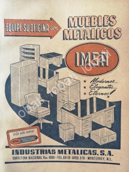 CARTEL ANTIGUO ORIGINAL DE IMSA. INDUSTRIAS METALICAS. S.A MONTERREY 1948/ 282 / MUY RARO