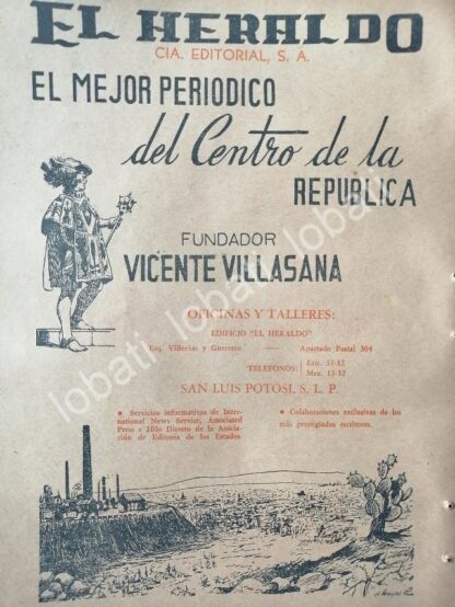 CARTEL ANTIGUO ORIGINAL DE AFICHE DEL DIARIO EL HERALDO, SAN LUIS POTOSI 1948 /64