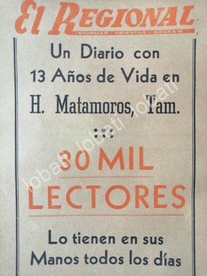 CARTEL ANTIGUO ORIGINAL DE AFICHE DEL DIARIO EL REGIONAL 1950, MATAMOROS /63