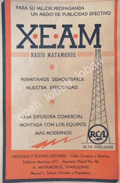 CARTEL ANTIGUO ORIGINAL DE RADIO DIFUSORA XEAM RADIO MATAMOROS 1950 /62