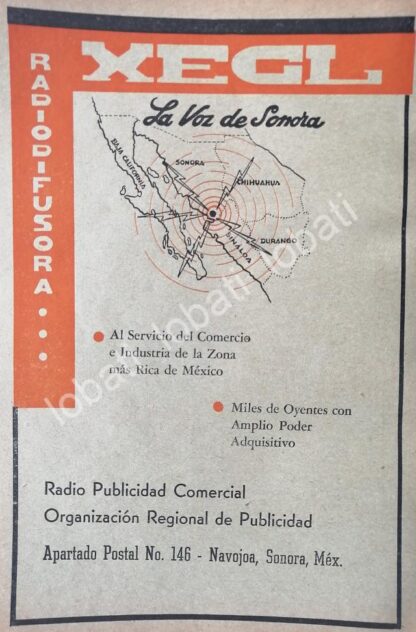 CARTEL ANTIGUO ORIGINAL DE RADIO DIFUSORA XEGL LA VOZ DE SONORA 1955 /61