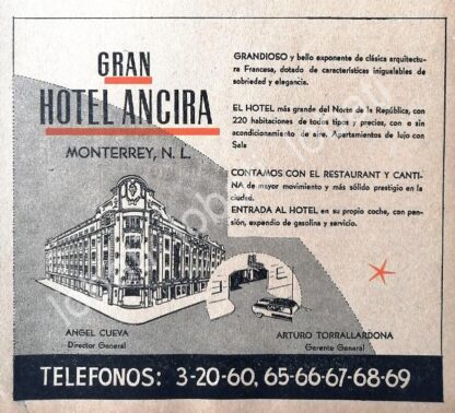 CARTEL ANTIGUO ORIGINAL DE MINI AFICHE. HOTEL ANCIRA 1955 / 279