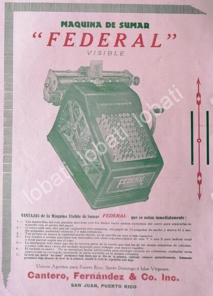 CARTEL ANTIGUO ORIGINAL DE MAQUINA SUMADORA FEDERAL 1917 /262 MUY RARO