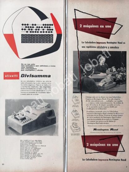 CARTEL ANTIGUO ORIGINAL DE SET DE 2 AFICHES, SUMADORAS OLIVETTI & REMINGTON 1950s /249