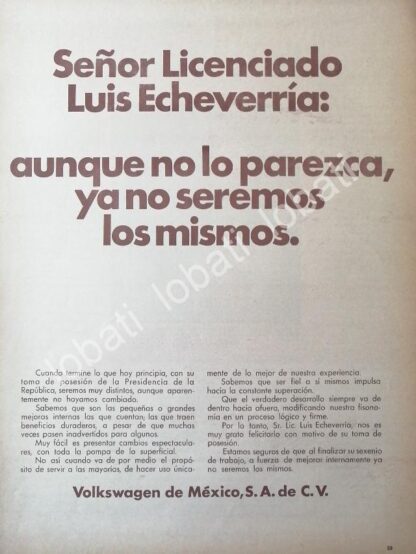 CARTEL ANTIGUO ORIGINAL DE CARTA DE VOLKSWAGEN A LUIS ECHEVERRIA DIC. 1970 /646