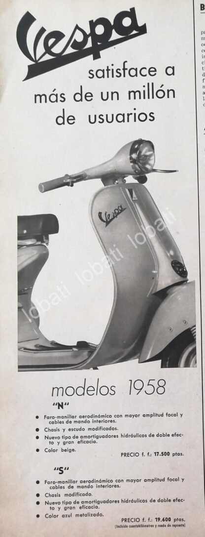 CARTEL ANTIGUO ORIGINAL DE MOTOCICLETAS VESPA "N" 1958 /32