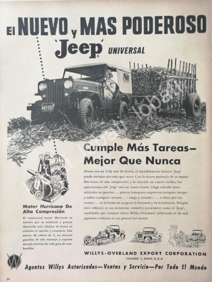 CARTEL ANTIGUO ORIGINAL DE AUTOS WILLYS JEEP UNIVERSAL 1953 / 707