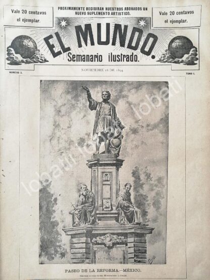 PORTADA ANTIGUA ORIGINAL  1894 MONUMENTO A COLON PASEO DE LA REFORMA / LDM