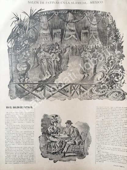 CARTEL ANTIGUO ORIGINAL DE PATINADERO DE LA ALAMEDA. 1894 NOTA DE AMADO NERVO Y DIBUJO DE CARLOS ALCALDE