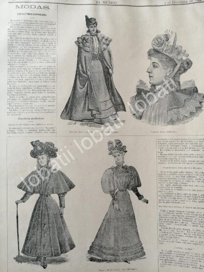 CARTEL ANTIGUO ORIGINAL DE MODAS ANTIGUAS DE 1894 VESTIDOS, LOS ULTIMOS CAPRICHOS