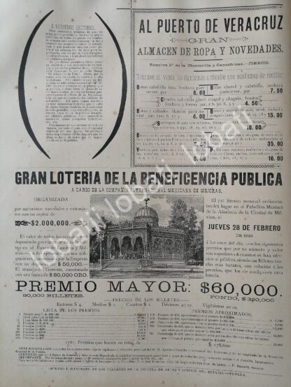 CARTEL ANTIGUO ORIGINAL DE ORGANO AEOLIAN DE CASA WAGNER Y LEVIEN 1895 Y LOTERIA NACIONAL. /13 - Imagen 2