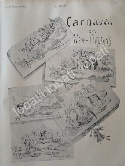 CARTEL ANTIGUO ORIGINAL DE NOTA Y GRABADO ANTIGUO 1895 EL CARNAVAL DE NEW ORLEANS