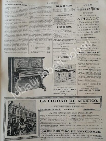 CARTEL ANTIGUO ORIGINAL DE CASA WAGNER LEVIEN, PIANOS STEINWAY, LOERIA NACIONAL 1895 Y OTRAS