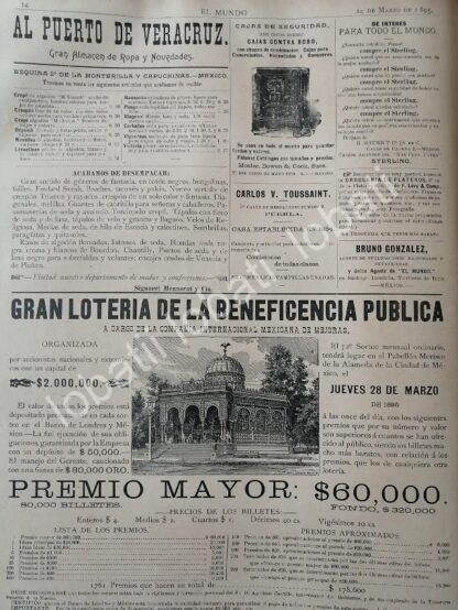 CARTEL ANTIGUO ORIGINAL DE CASA WAGNER LEVIEN, PIANOS STEINWAY, LOERIA NACIONAL 1895 Y OTRAS - Imagen 2