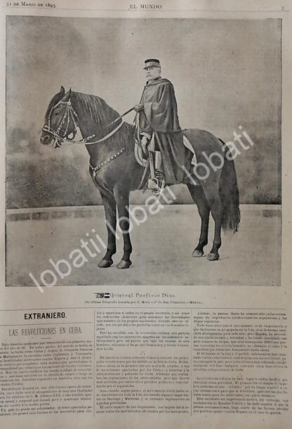 GRABADO ANTIGUO 1895 GENERAL. PORFIRIO DIAZ A CABALLO