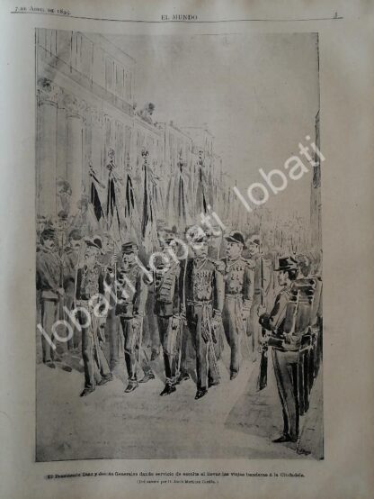 GRABADO ANTIGUO 1895 PORFIRIO DIAZ, MARIANO ESCOBEDO Y MAS EN DESFILE / MLT