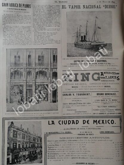 CARTEL ANTIGUO ORIGINAL DE FABRICA DE PIANOS WAGNER Y LEVIEN 1895 & VAPORES DIEGO ETC