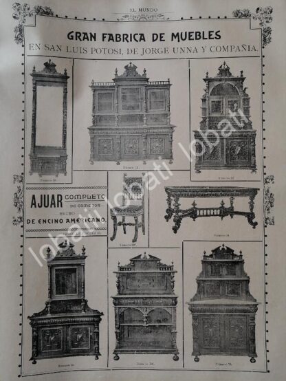 CARTEL ANTIGUO ORIGINAL DE FABRICA DE MUEBLES MUEBLES JORGE UNNA 1895 Y LOTERIA NACIONAL