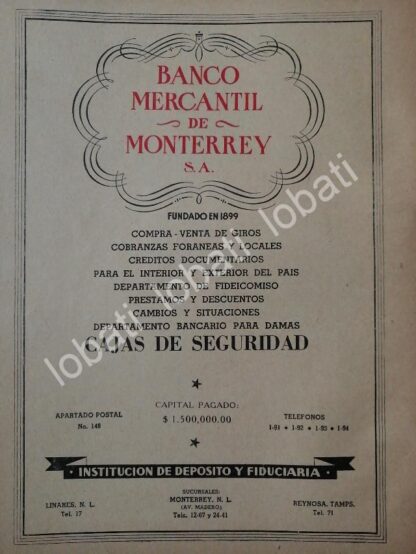 CARTEL ANTIGUO ORIGINAL DE BANCO MERCANTIL DE MONTERREY 1943 /221