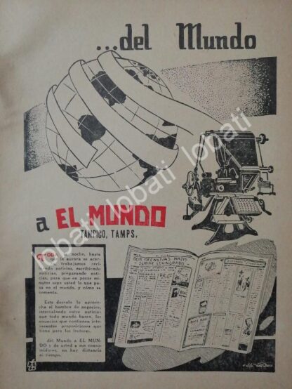 CARTEL ANTIGUO ORIGINAL DE AFICHE DEL DIARIO EL MUNDO, TAMPICO, TMPS 1943 /70