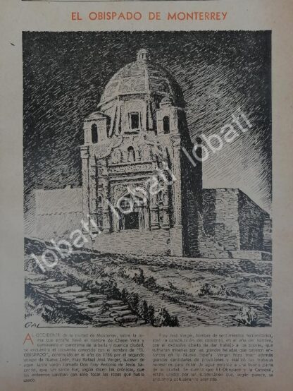 GRABADO ANTIGUO 1943 EL OBISPADO MONTERREY, DIBUJO DE LEONEL GARCIA