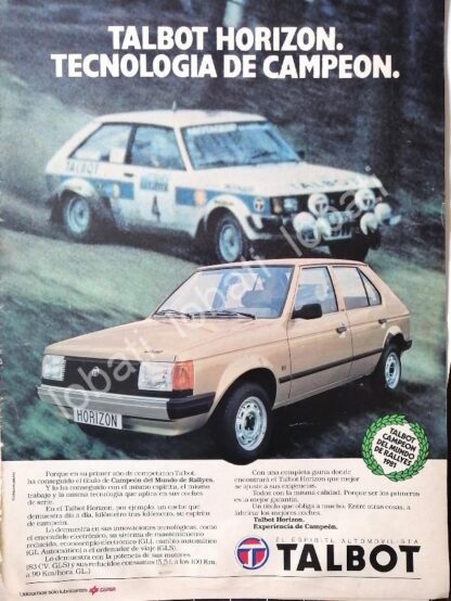 CARTEL ANTIGUO ORIGINAL DE DE AUTOS TALBOT HORIZON 1982 / 877