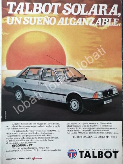 CARTEL ANTIGUO ORIGINAL DE DE AUTOS TALBOT SOLARA 1981 / 879