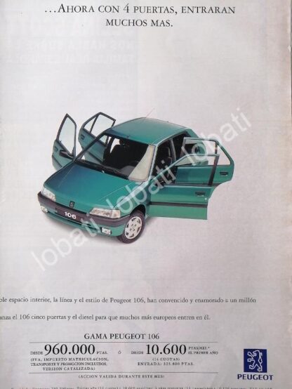 CARTEL ANTIGUO ORIGINAL DE PUBLICIDAD RETRO DE AUTOS PEUGEOT 106 1993 / 875