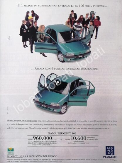 CARTEL ANTIGUO ORIGINAL DE PUBLICIDAD RETRO DE AUTOS PEUGEOT 106 1993 / 873