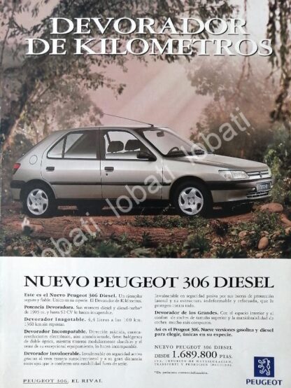 CARTEL ANTIGUO ORIGINAL DE PUBLICIDAD RETRO DE AUTOS PEUGEOT 306 DIESEL 1993 / 872